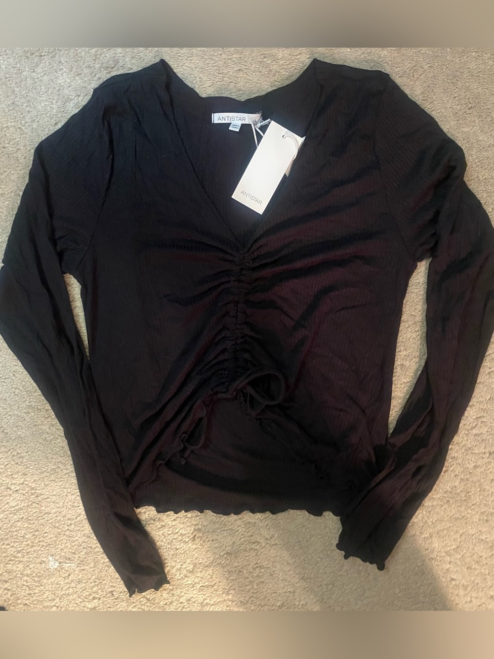 Antistar Black Ruched V-Neck Long Sleeve cropped Top